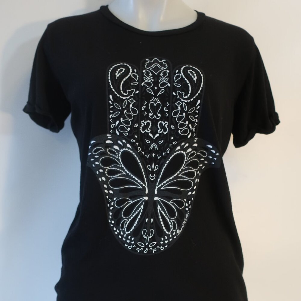 NWT Womens Lauren Moshi Black White Edda Butterfly Hamsa Graphic T-Shirt Top XS - Picture 3 of 6
